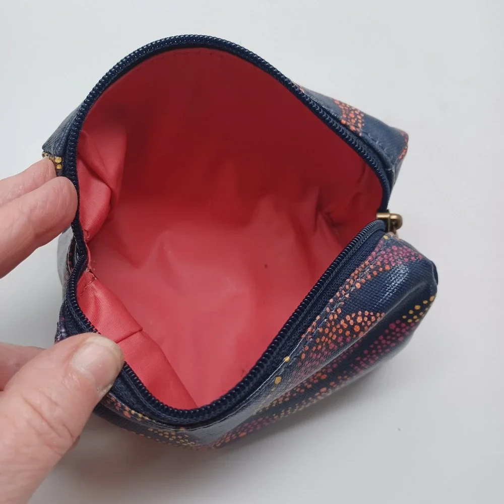 Fossil Blue Dot Swirl Coated Canvas Small Makeup Pouch Coin Bag Brass Ring Pull